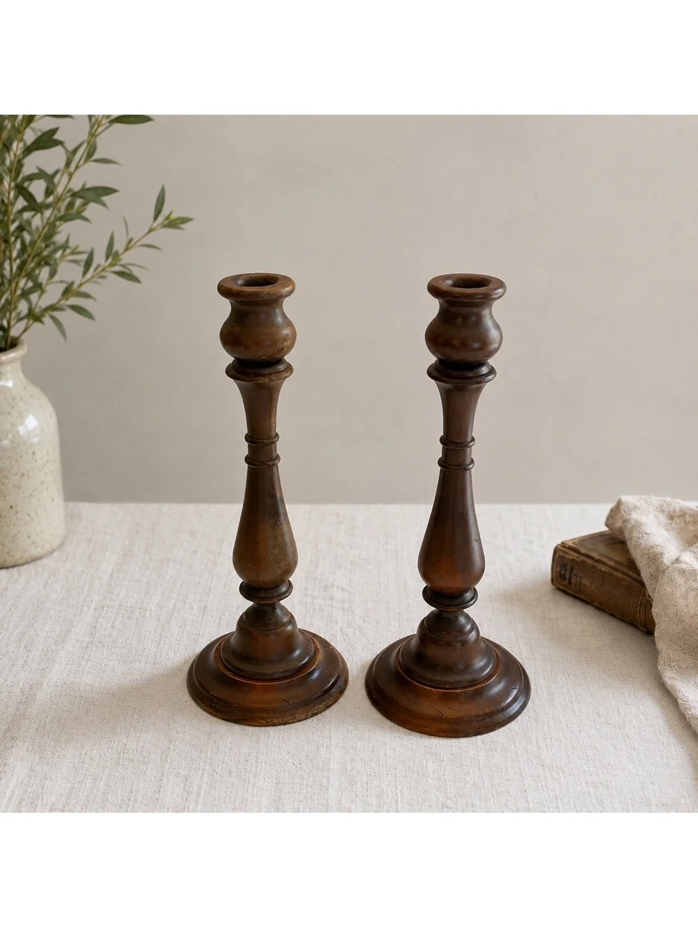 Pair Vintage Turned Wood Candlestick Holders Dark Wood Taper Candle Stands